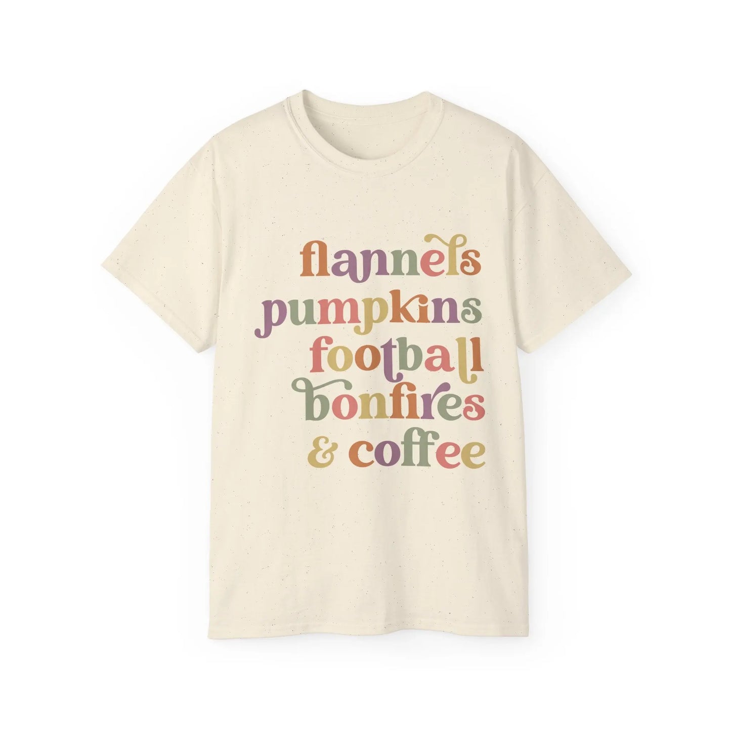 Fall Vibes Unisex Tee, Flannels Pumpkins Football Bonfires Coffee Graphic T-Shirt, Perfect for Autumn Gatherings, Cozy Apparel, Gift [...] Printify