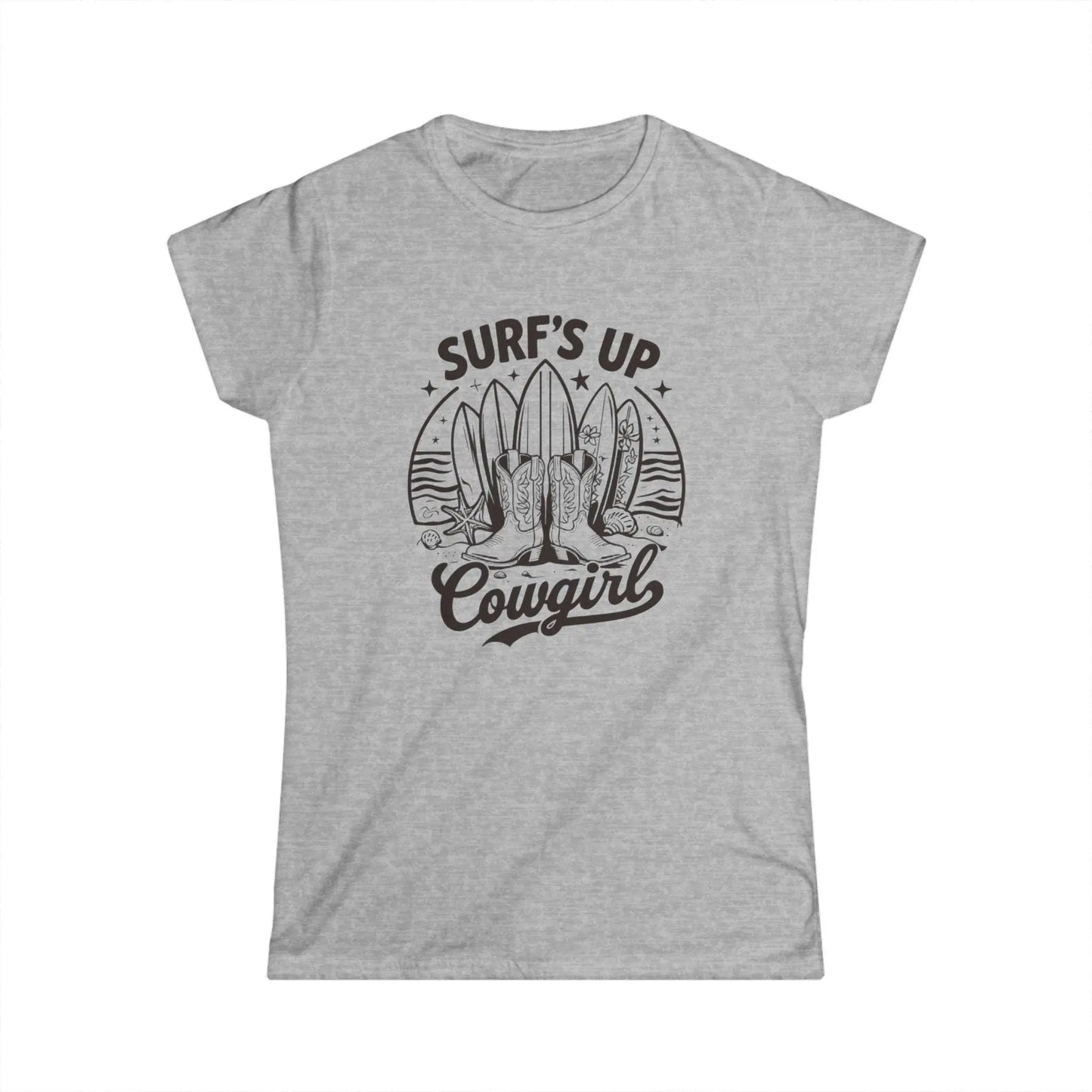 Surf's Up Cowgirl Tee: Relaxed Fit Women's Ringspun Cotton T-Shirt Rainbow Chaos Art Studio