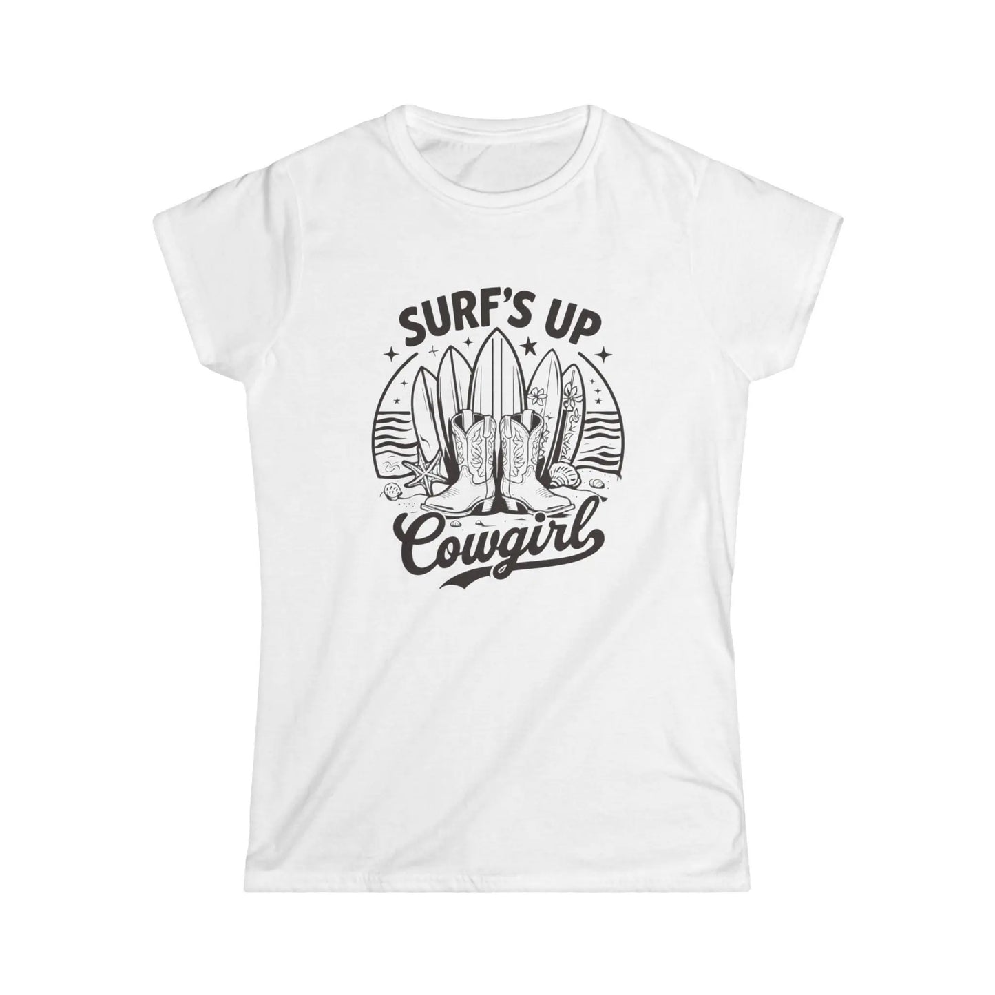 Surf's Up Cowgirl Tee: Relaxed Fit Women's Ringspun Cotton T-Shirt Rainbow Chaos Art Studio