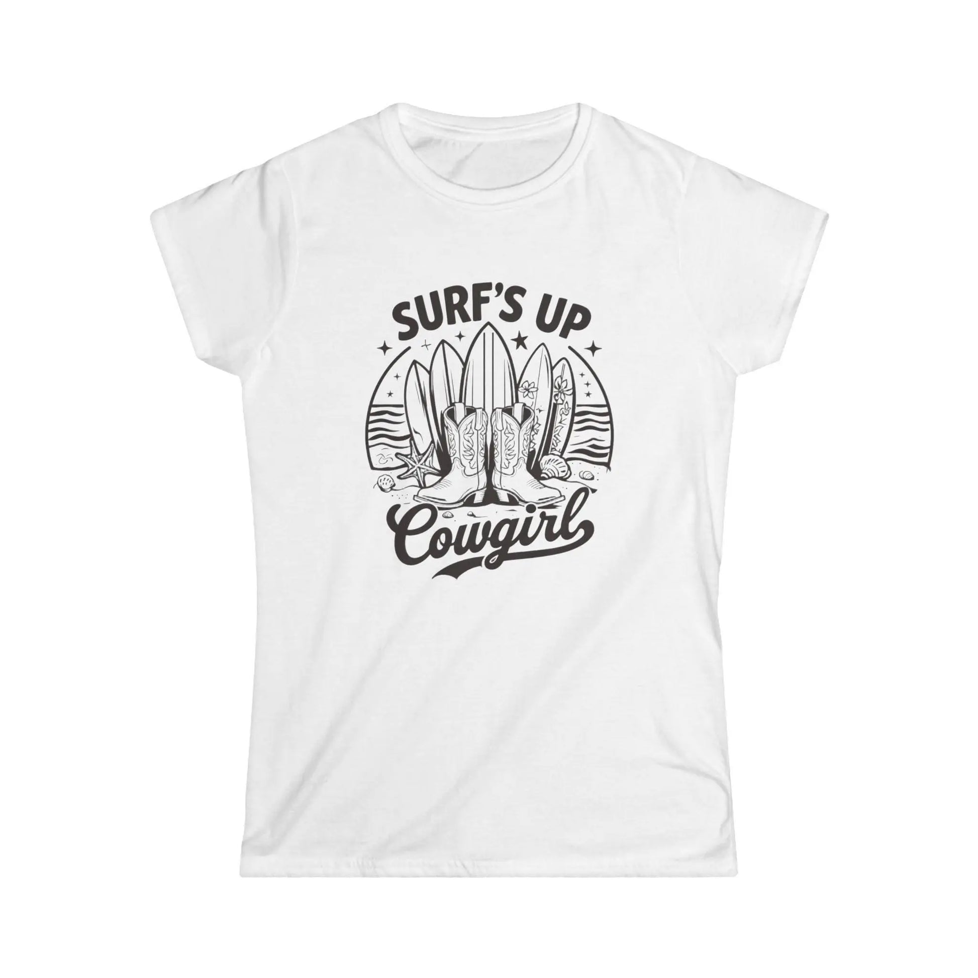 Surf's Up Cowgirl Tee: Relaxed Fit Women's Ringspun Cotton T-Shirt Rainbow Chaos Art Studio