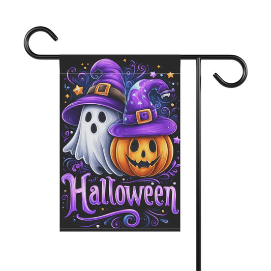 Halloween Garden Flag: Spooky Ghosts & Pumpkins - Double Sided Rainbow Chaos Art Studio