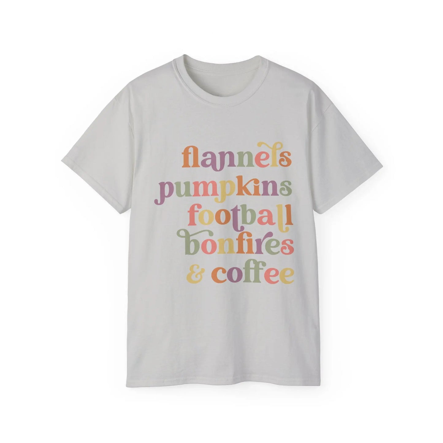 Fall Vibes Unisex Tee, Flannels Pumpkins Football Bonfires Coffee Graphic T-Shirt, Perfect for Autumn Gatherings, Cozy Apparel, Gift [...] Printify