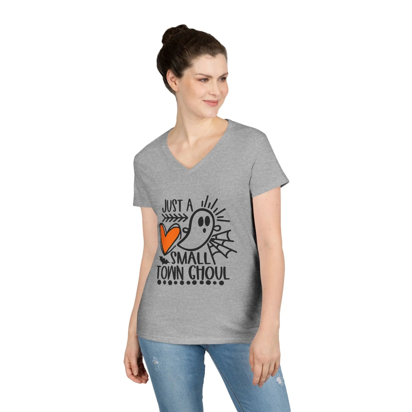 Halloween Ghost Graphic Tee, Just a Small Town Ghoul Shirt, Women's V-Neck T-Shirt, Spooky Season Top, Cute Halloween T-Shirt Printify