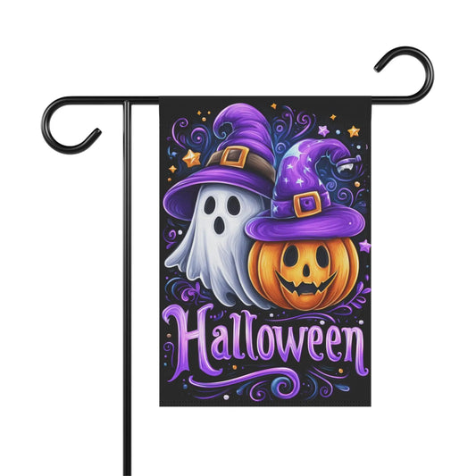 Halloween Garden Flag: Spooky Ghosts & Pumpkins - Double Sided Rainbow Chaos Art Studio