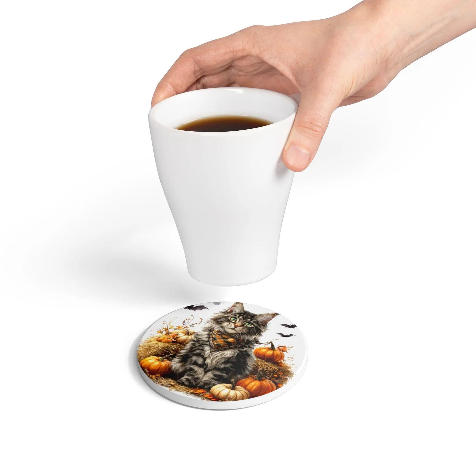 Maine Coon Cat - Autumn Cat Ceramic Coaster, Cute Halloween Decor, Pet Lover Gift, Coasters for Fall, Home & Kitchen Decoration Rainbow Chaos Art Studio