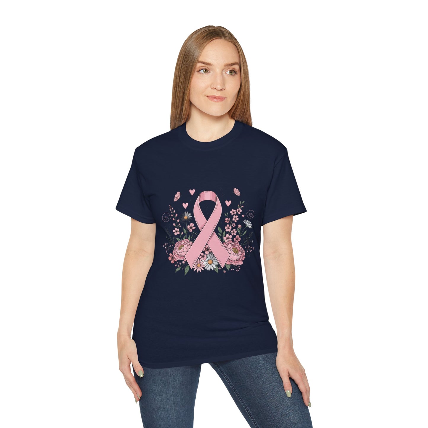 Breast Cancer Awareness Tee, Support Shirt, Floral Ribbon Design, Gift for Her, Unisex T-Shirt