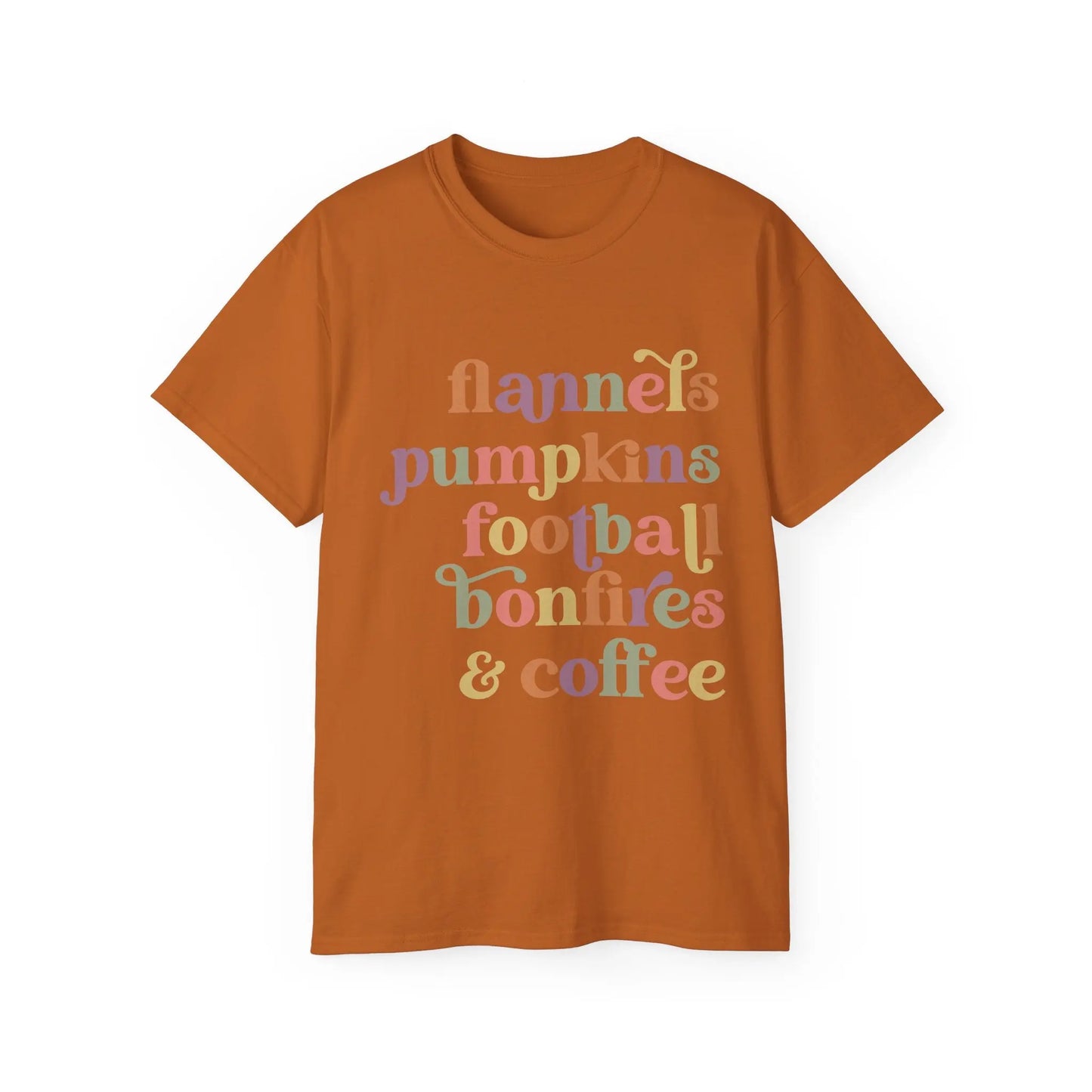 Fall Vibes Unisex Tee, Flannels Pumpkins Football Bonfires Coffee Graphic T-Shirt, Perfect for Autumn Gatherings, Cozy Apparel, Gift [...] Printify