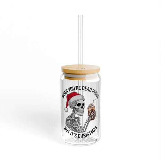 Christmas Sipper Glass: 16oz Tempered Glass Water Bottle with Straw Rainbow Chaos Art Studio