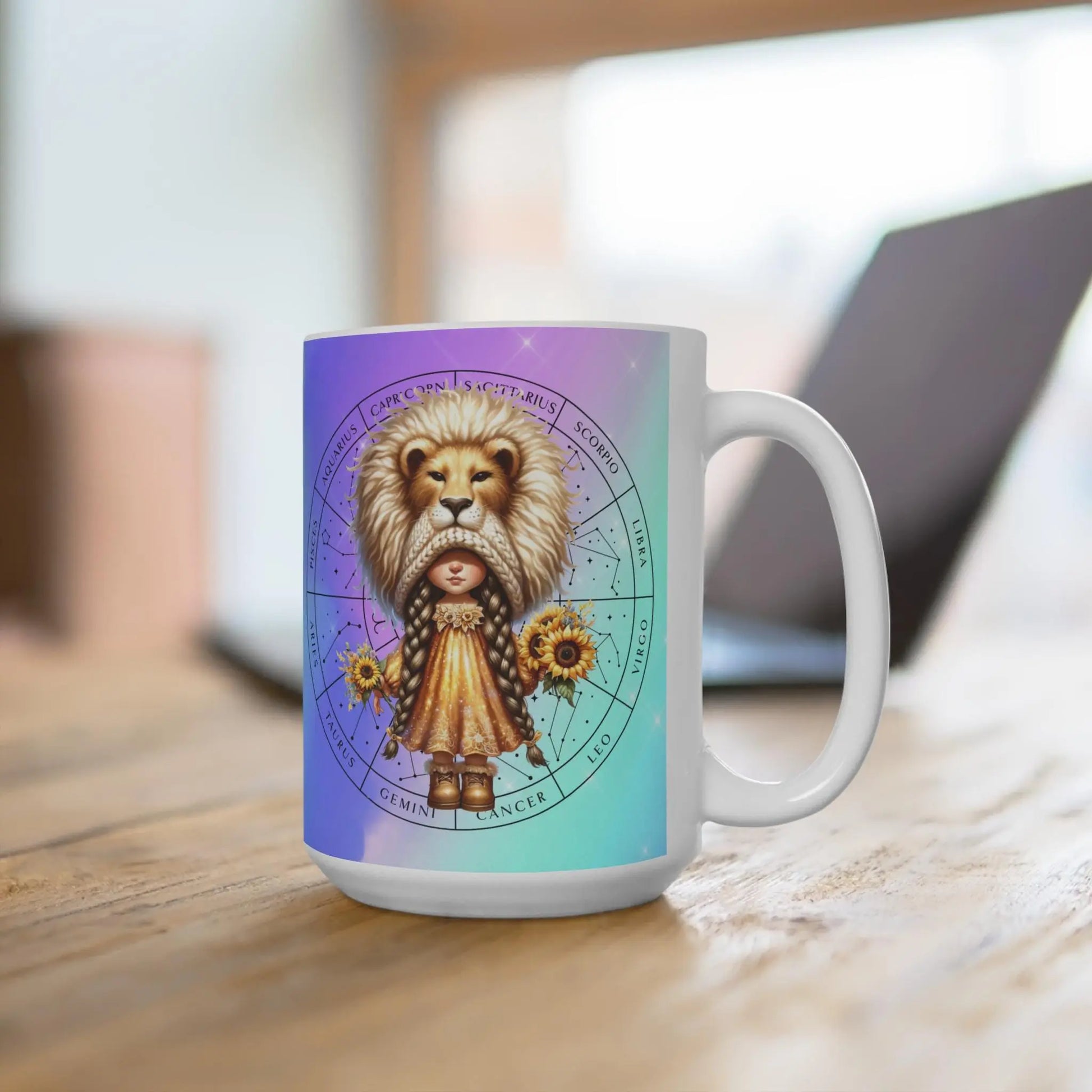 LEO - Zodiac Gnome Mug, Leo, Cute Coffee Mug, Birthday Gift - 15oz, Astrology Cup, Horoscope Tea Cup, Personalized Ceramic Drinkware, Unique Rainbow Chaos Art Studio