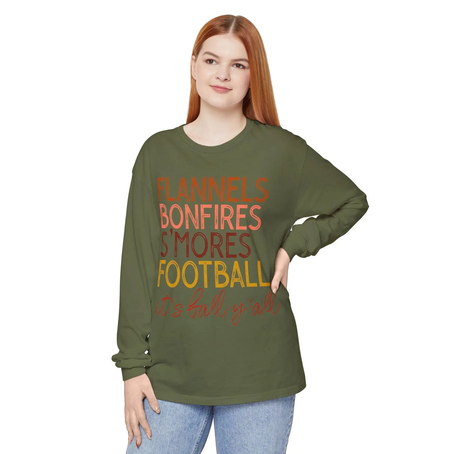 Flannels Bonfires S'mores Football Tee: Cozy Garment-Dyed Long Sleeve T-Shirt Rainbow Chaos Art Studio