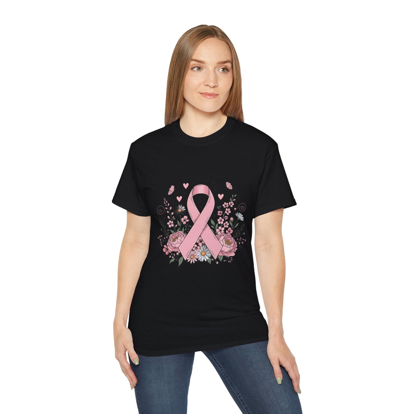Breast Cancer Awareness Tee, Support Shirt, Floral Ribbon Design, Gift for Her, Unisex T-Shirt