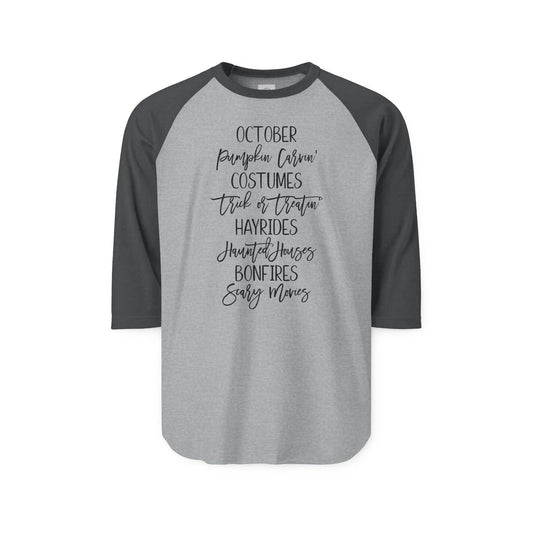 October Celebration Raglan Shirt, Unisex Fall Tee, Halloween Shirt, Cozy Autumn Apparel, Perfect for Hayrides & Bonfires Rainbow Chaos Art Studio