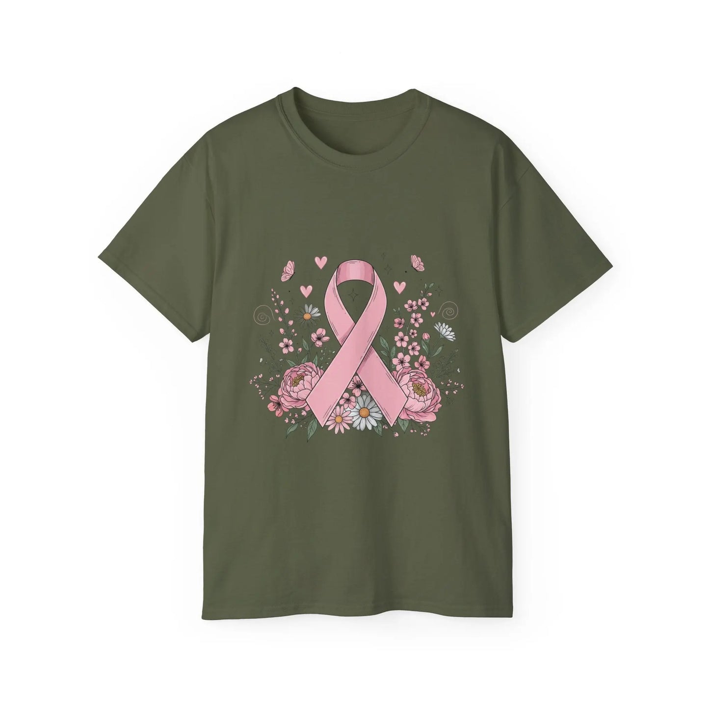 Breast Cancer Awareness Tee, Support Shirt, Floral Ribbon Design, Gift for Her, Unisex T-Shirt Printify