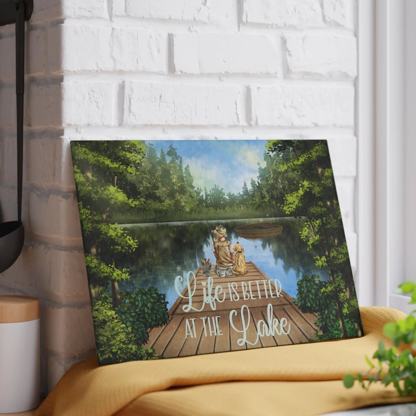 Lake Scene Glass Cutting Board: Kitchen & Lake House Decor Rainbow Chaos Art Studio