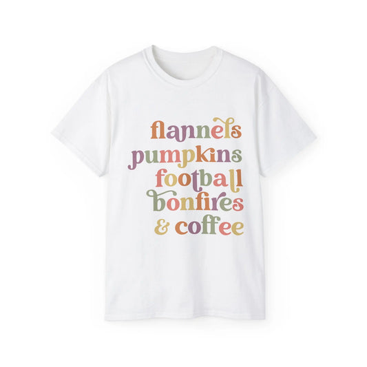 Fall Vibes Unisex Tee, Flannels Pumpkins Football Bonfires Coffee Graphic T-Shirt, Perfect for Autumn Gatherings, Cozy Apparel, Gift [...] Printify