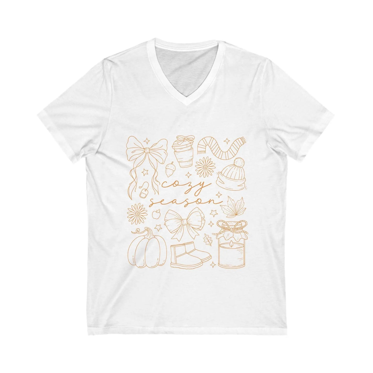Cozy Season V-Neck Tee: Unisex Fall & Holiday Celebrations Rainbow Chaos Art Studio