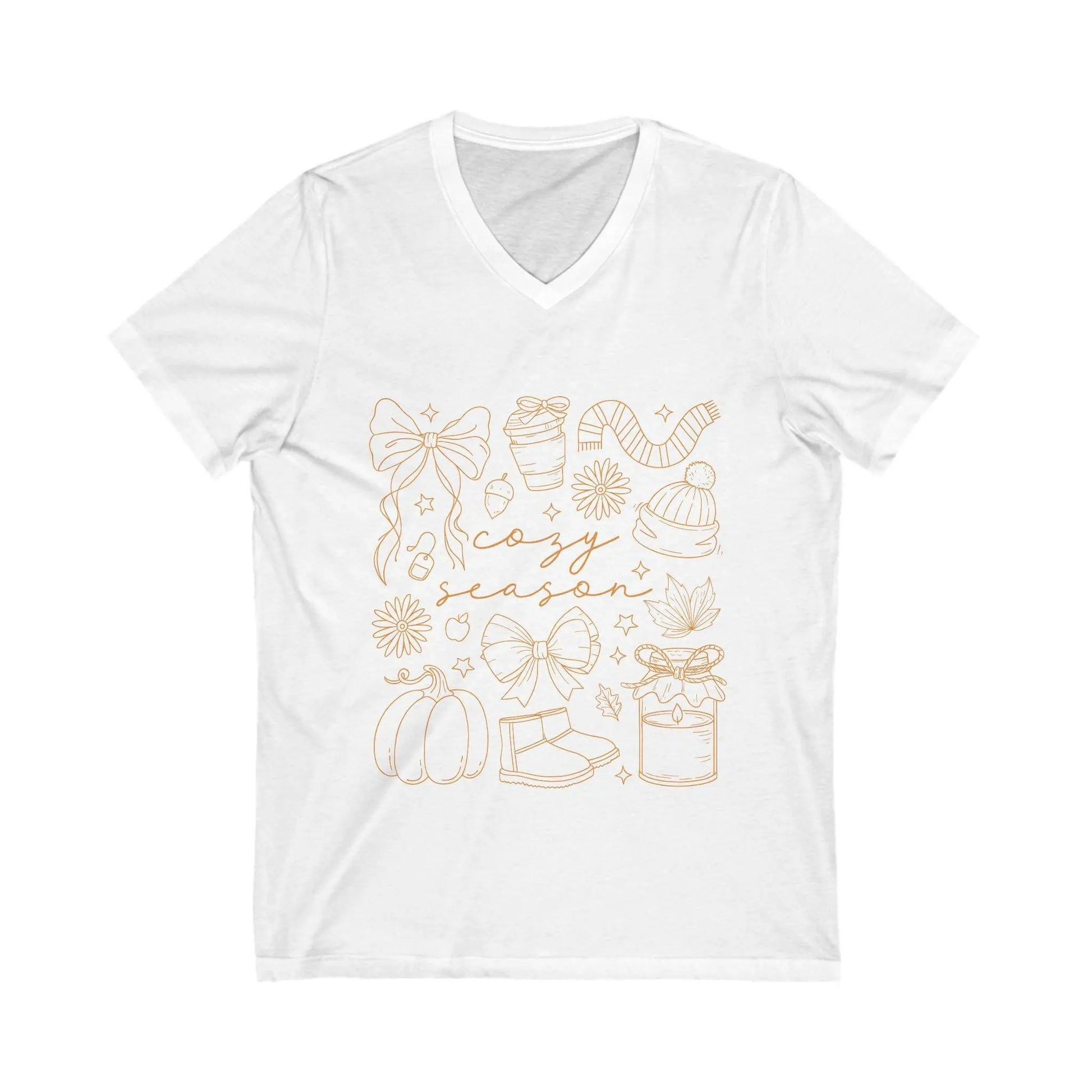 Cozy Season V-Neck Tee: Unisex Fall & Holiday Celebrations Rainbow Chaos Art Studio