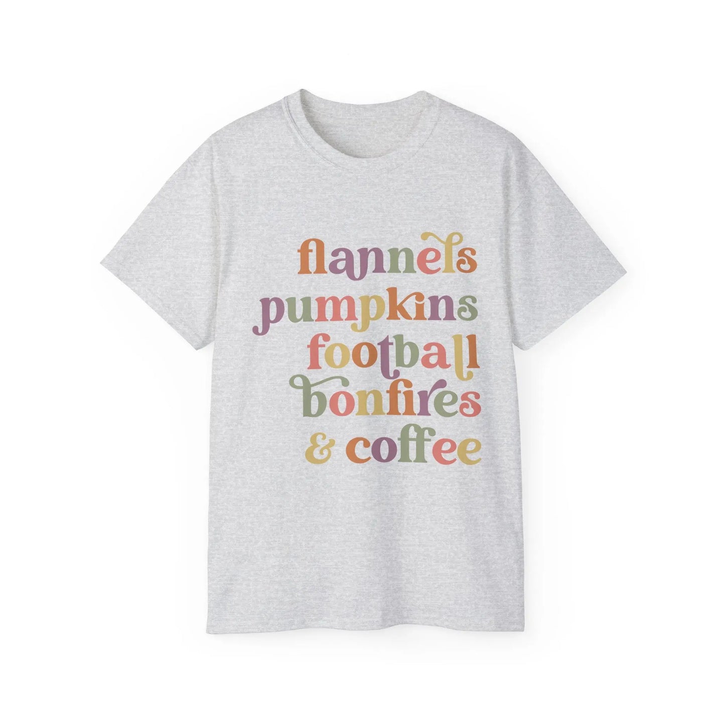 Fall Vibes Unisex Tee, Flannels Pumpkins Football Bonfires Coffee Graphic T-Shirt, Perfect for Autumn Gatherings, Cozy Apparel, Gift [...] Printify