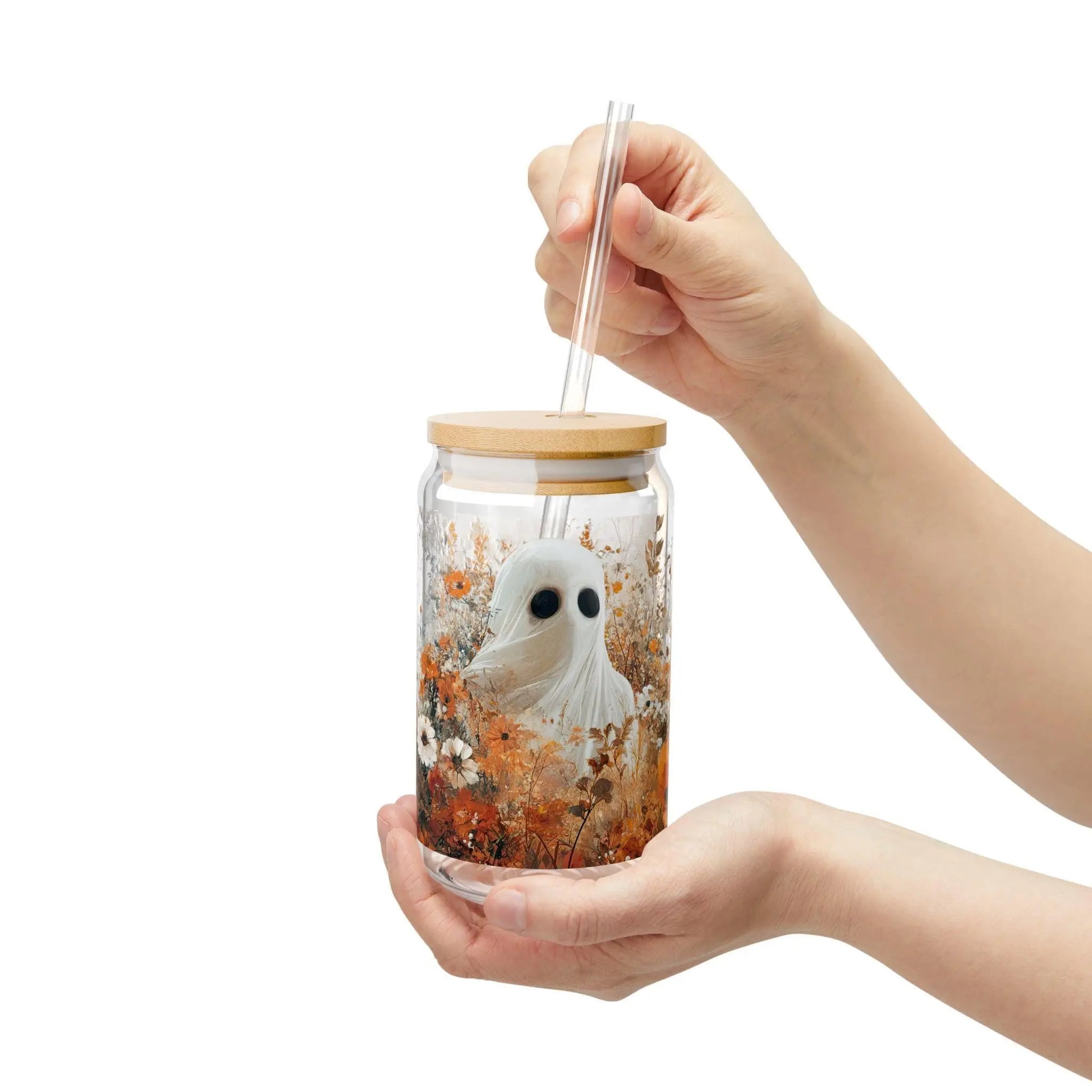 Autumn Ghost Sipper Glass with Straw: Fall Halloween Drinkware Rainbow Chaos Art Studio