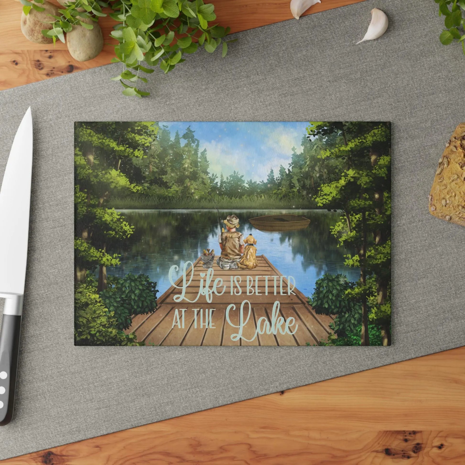 Lake Scene Glass Cutting Board: Kitchen & Lake House Decor Rainbow Chaos Art Studio