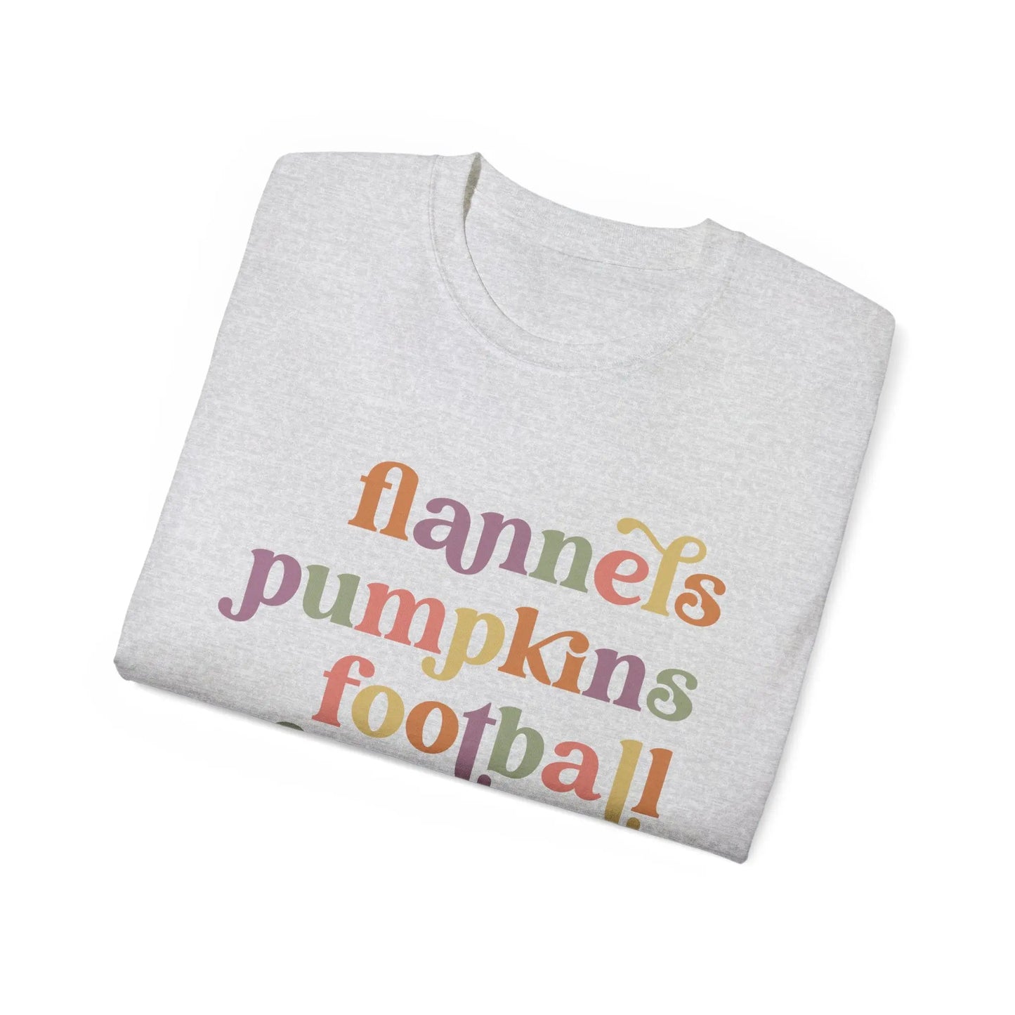 Fall Vibes Unisex Tee, Flannels Pumpkins Football Bonfires Coffee Graphic T-Shirt, Perfect for Autumn Gatherings, Cozy Apparel, Gift [...] Printify