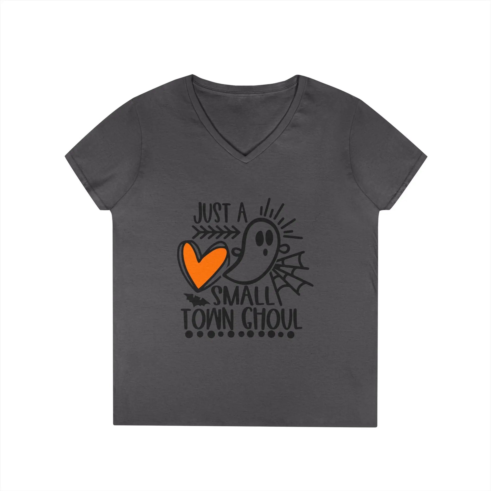 Halloween Ghost Graphic Tee, Just a Small Town Ghoul Shirt, Women's V-Neck T-Shirt, Spooky Season Top, Cute Halloween T-Shirt Printify