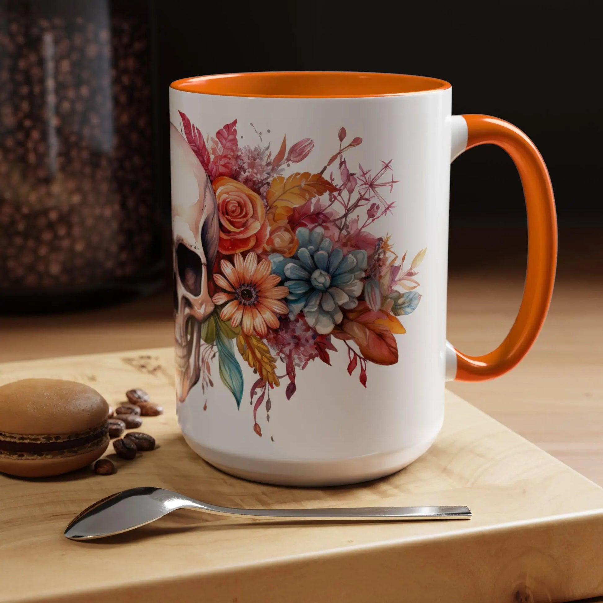 Pretty Floral Skull Coffee Mug, Gothic Coffee Cup, Unique Art Mug, Halloween Gift, Day of the Dead Decor Rainbow Chaos Art Studio