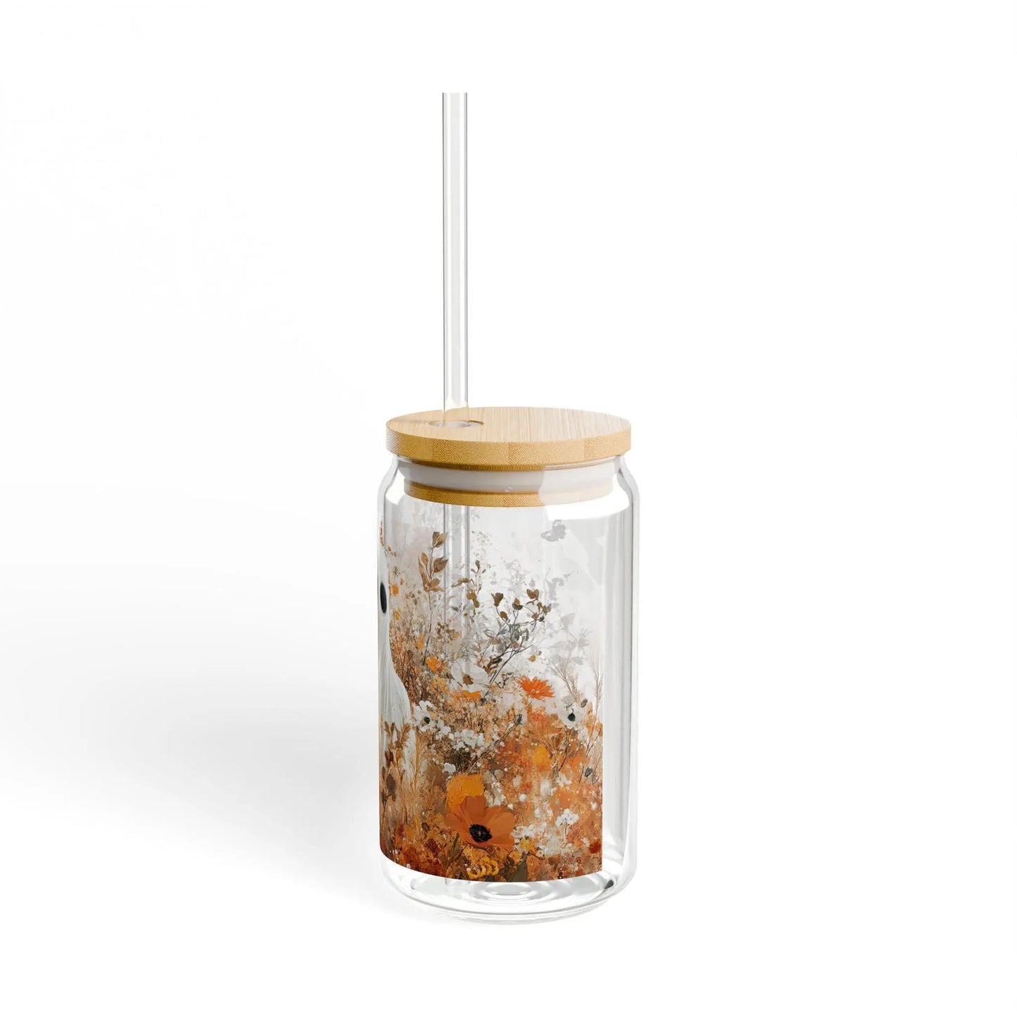 Autumn Ghost Sipper Glass with Straw: Fall Halloween Drinkware Rainbow Chaos Art Studio