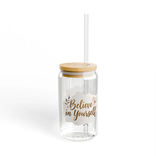 Inspirational Sipper Glass: Motivational 16oz Water Bottle with Bamboo Lid Rainbow Chaos Art Studio