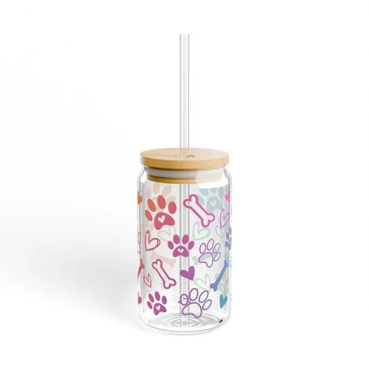 Paw Print Sipper Glass: 16oz Dog Mom Tumbler with Lid & Straw Rainbow Chaos Art Studio