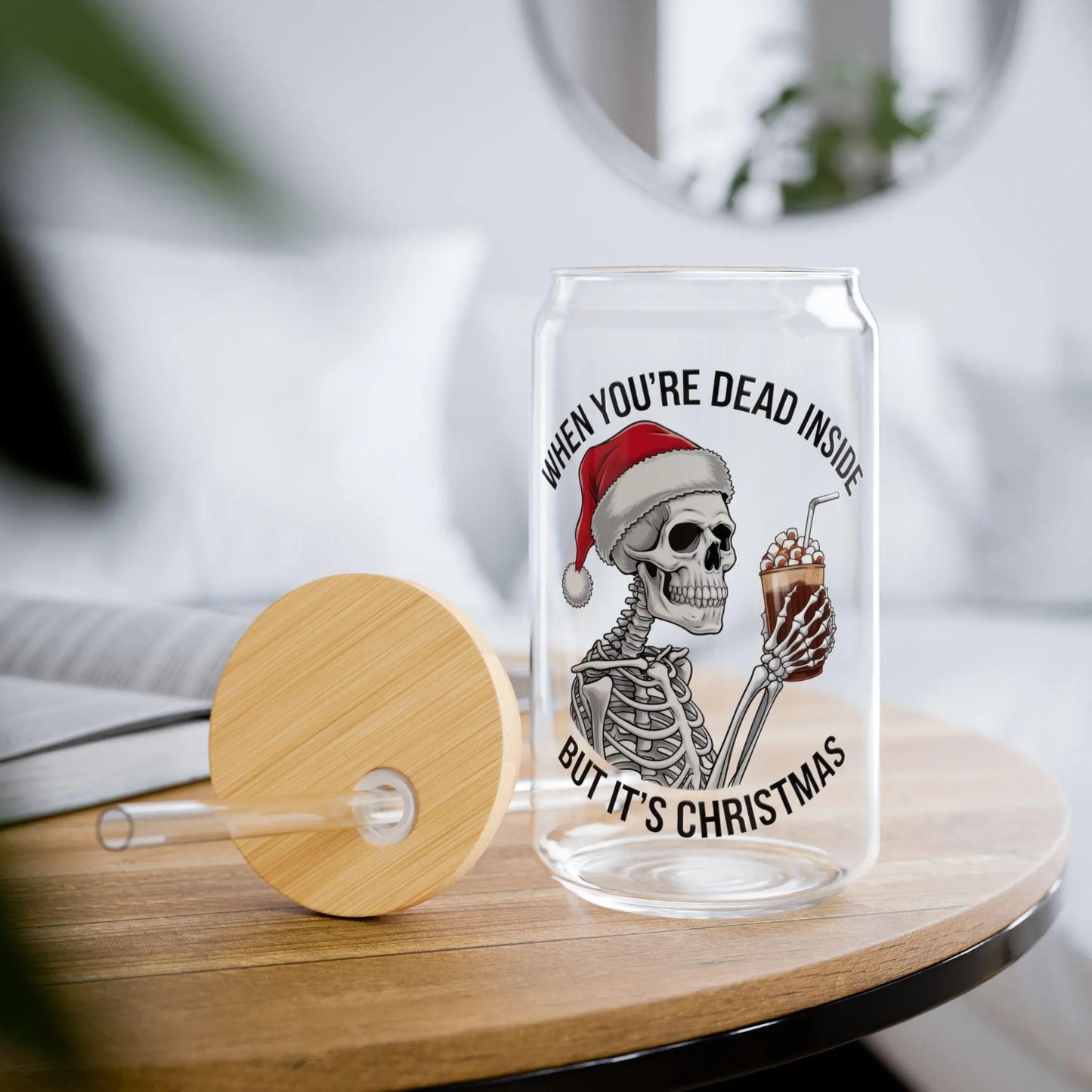 Christmas Sipper Glass: 16oz Tempered Glass Water Bottle with Straw Rainbow Chaos Art Studio