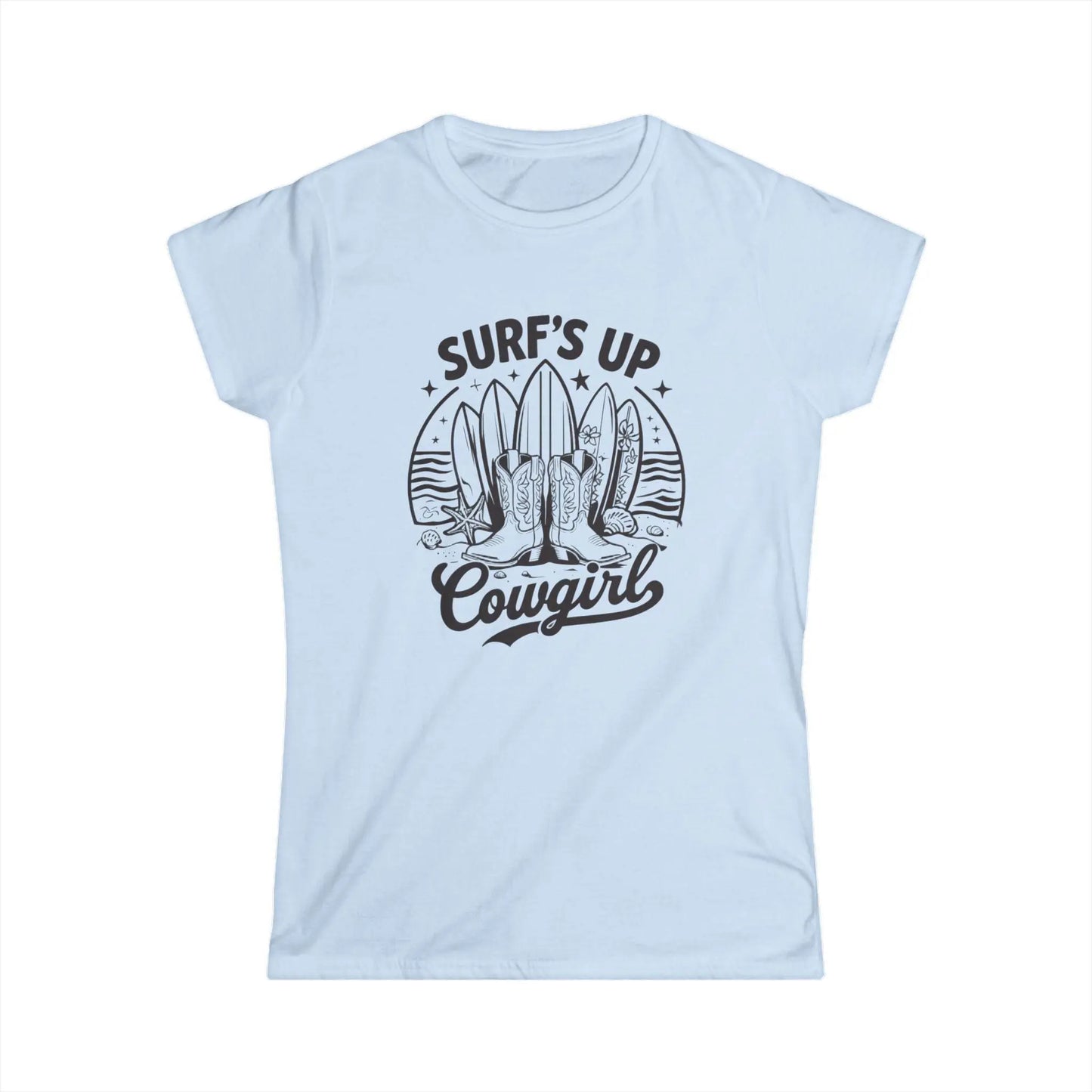 Surf's Up Cowgirl Tee: Relaxed Fit Women's Ringspun Cotton T-Shirt Rainbow Chaos Art Studio