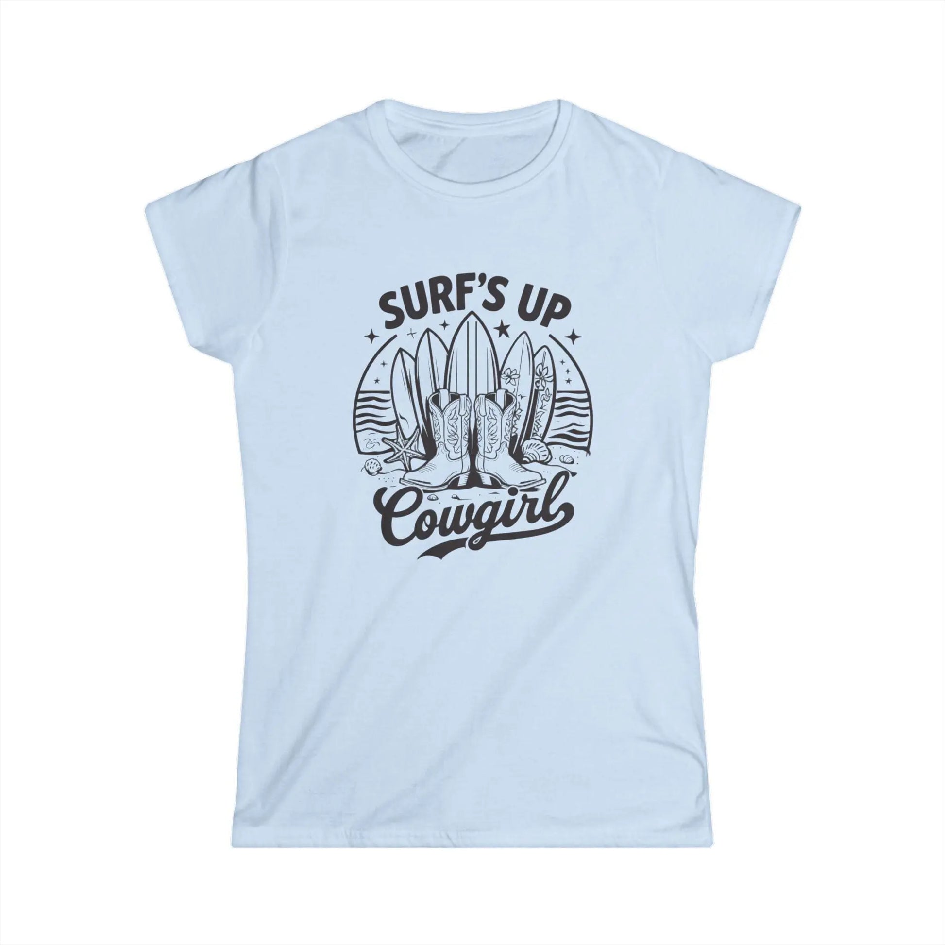 Surf's Up Cowgirl Tee: Relaxed Fit Women's Ringspun Cotton T-Shirt Rainbow Chaos Art Studio