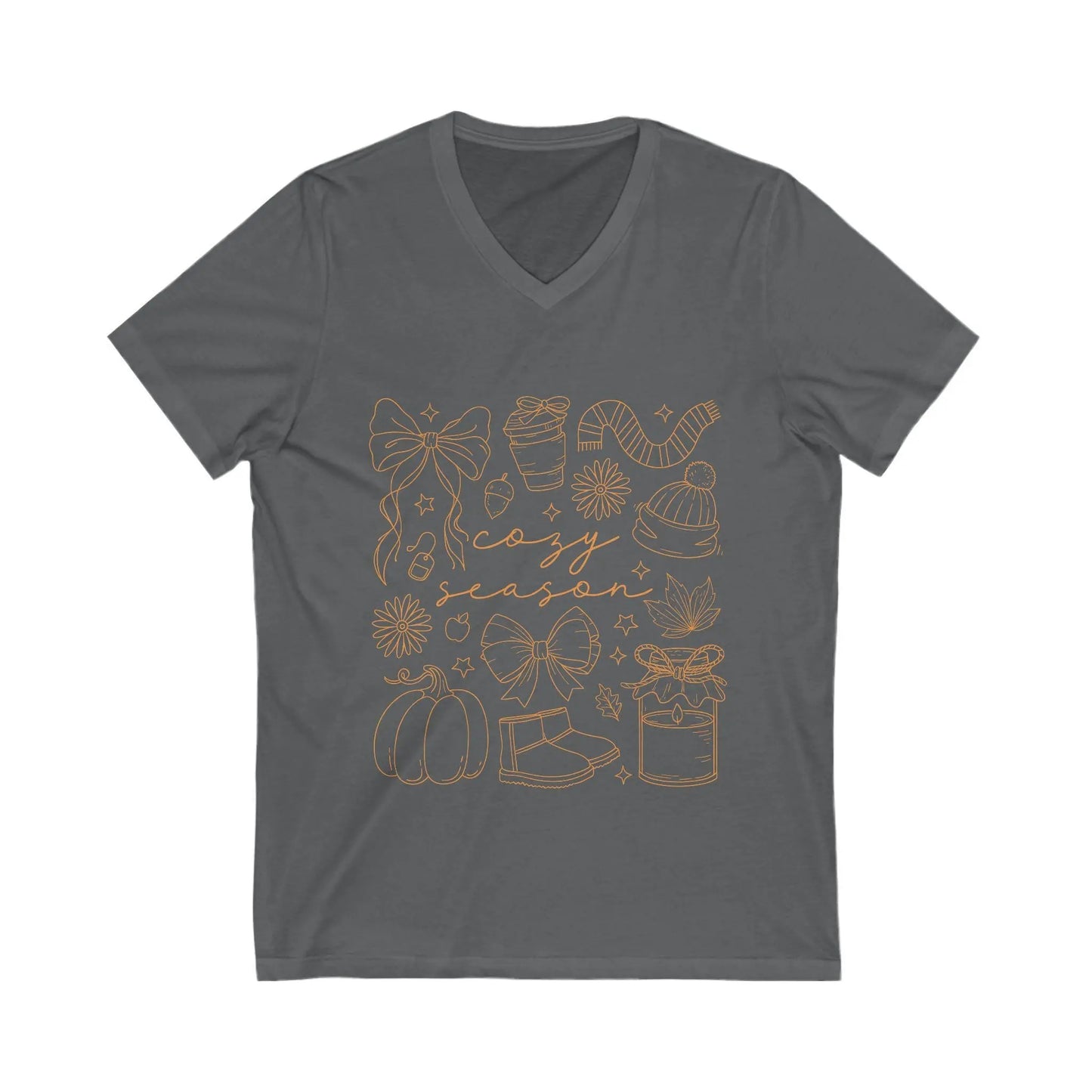 Cozy Season V-Neck Tee: Unisex Fall & Holiday Celebrations Rainbow Chaos Art Studio